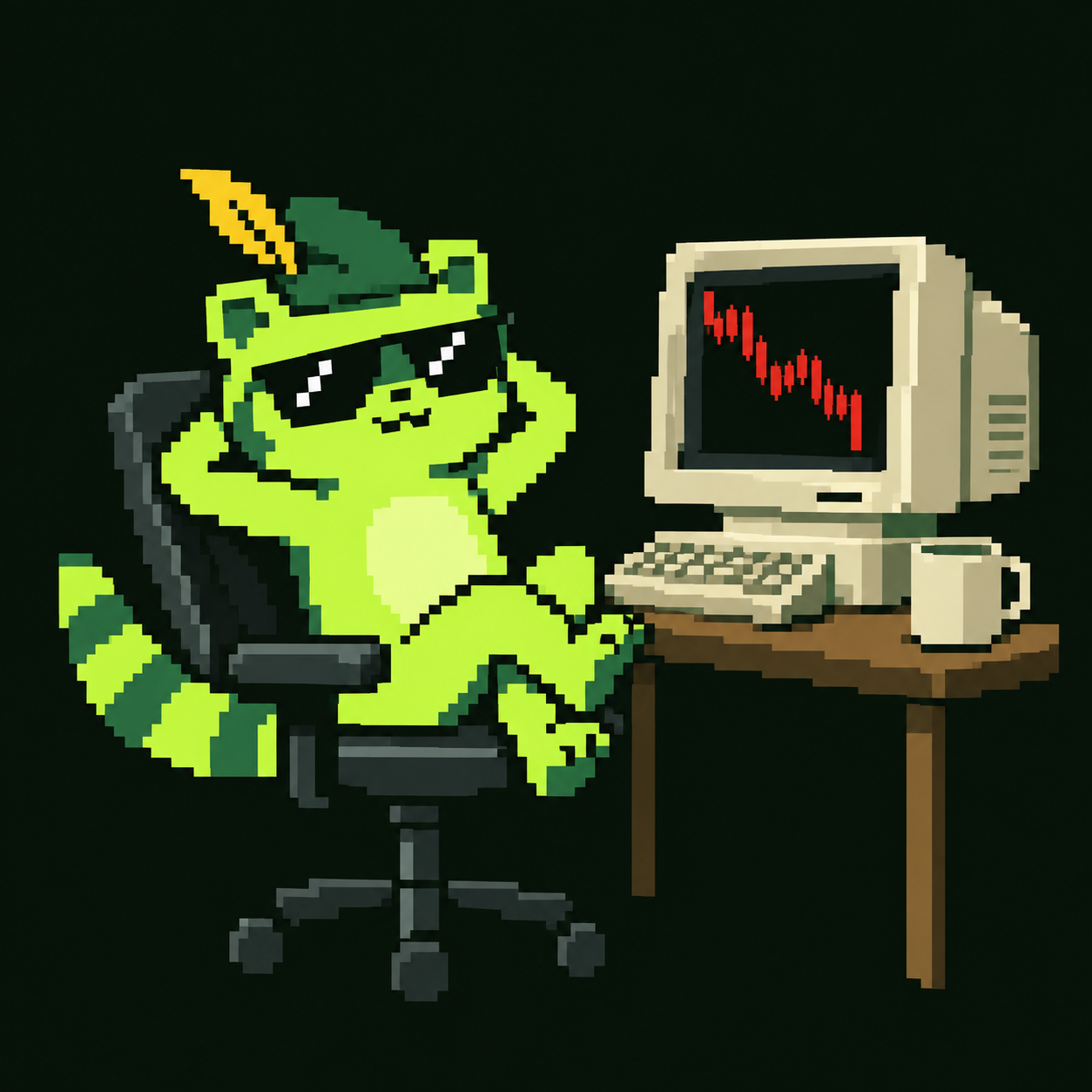 A lime-green pixel dinosaur in sunglasses, relaxing beside a trading monitor